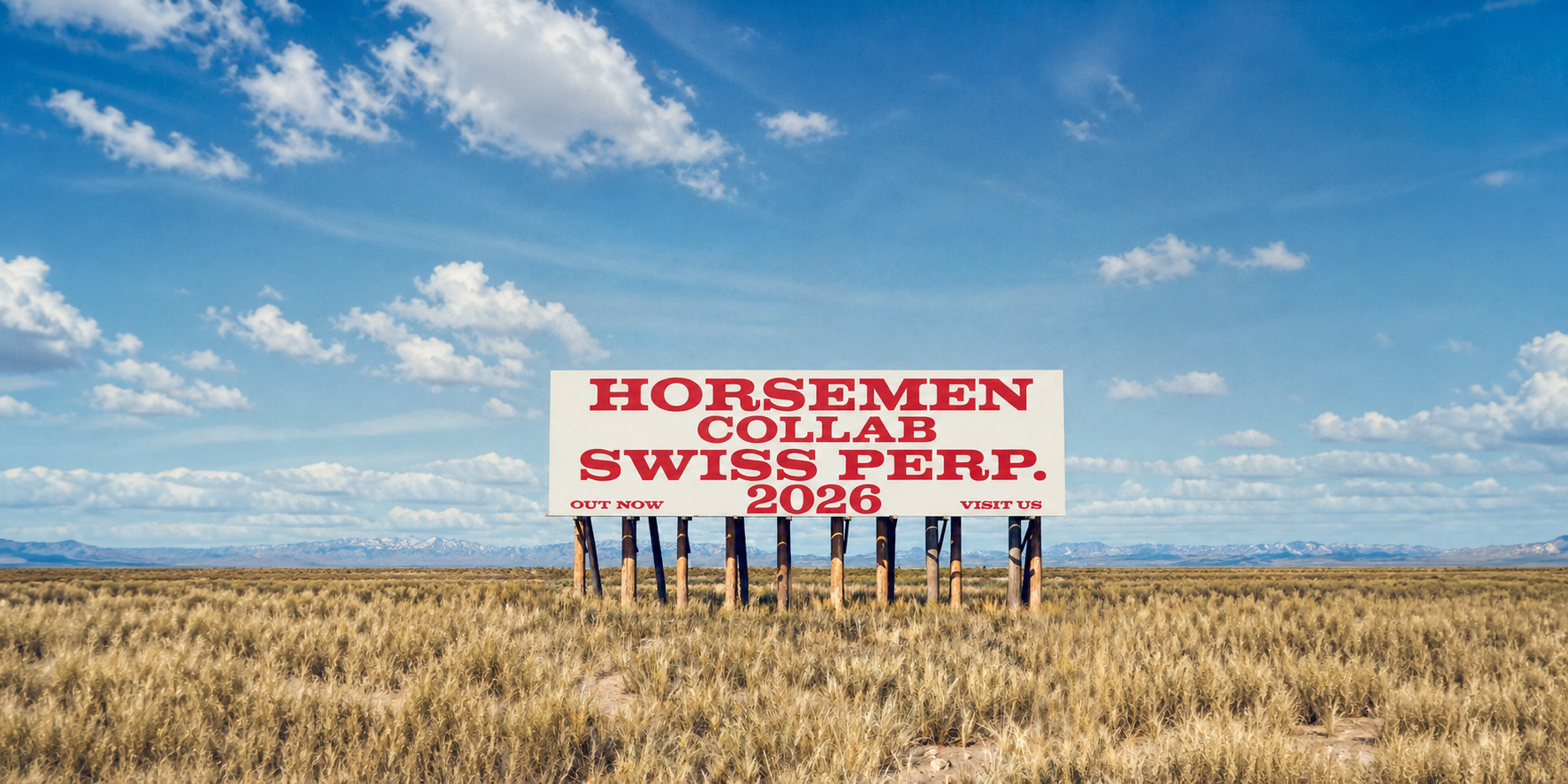 Horsemen collaboration billboard in an open field beneath a wide blue sky