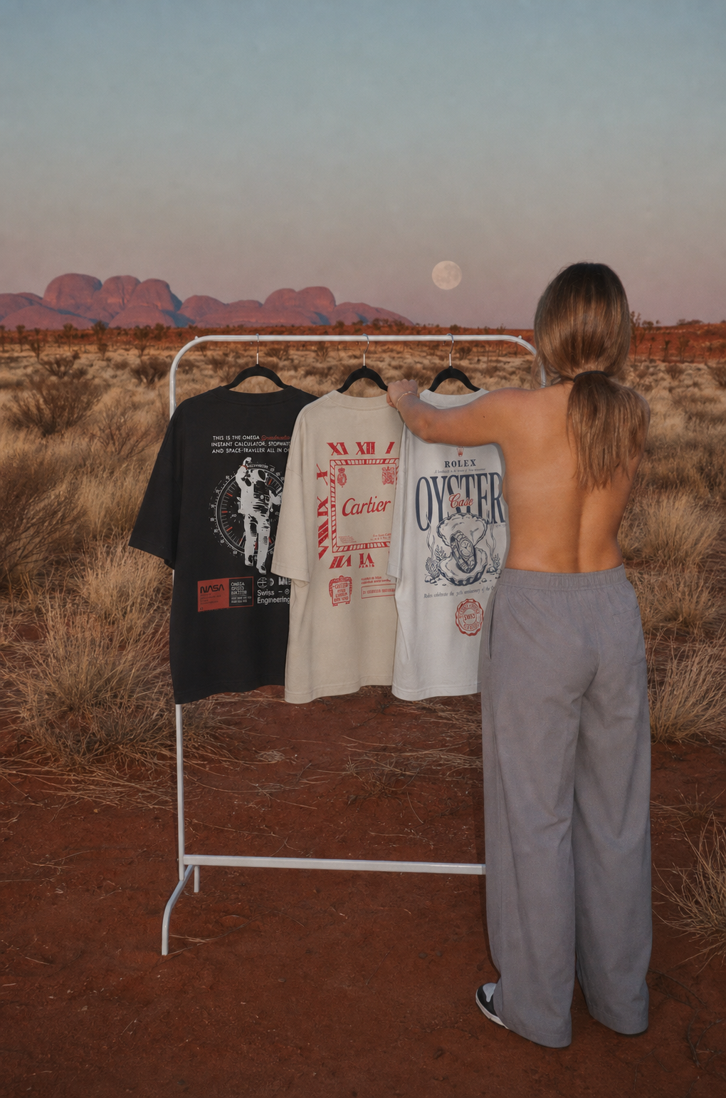 Three Horsemen Ranch collaboration shirts displayed in an open desert landscape