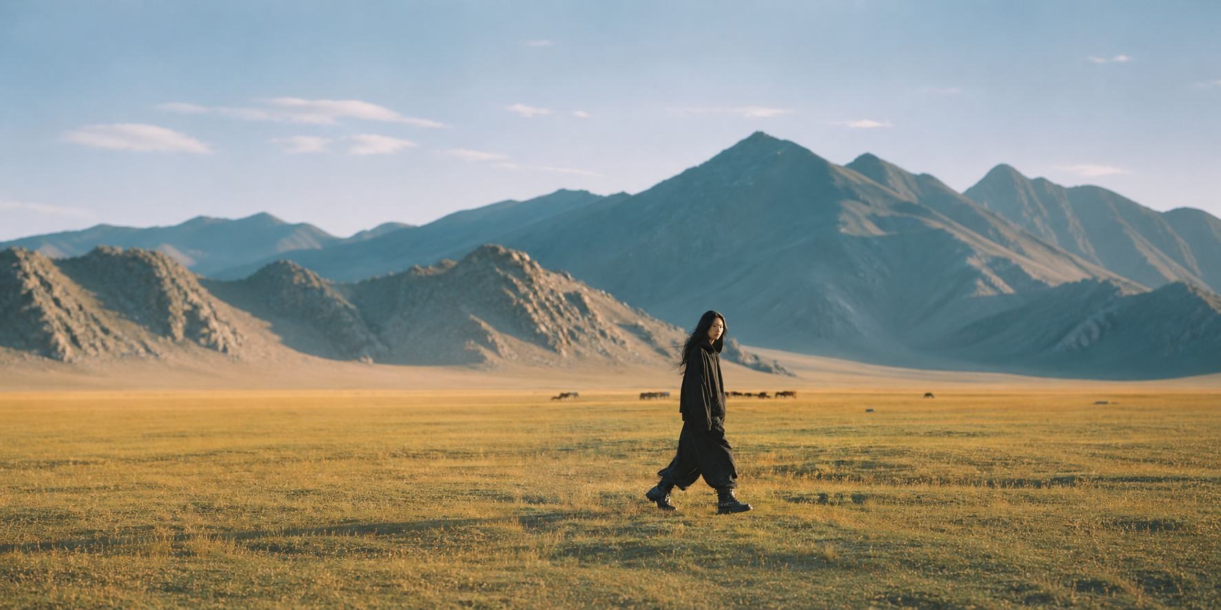 A lone figure crossing a wide golden field beneath a mountain range
