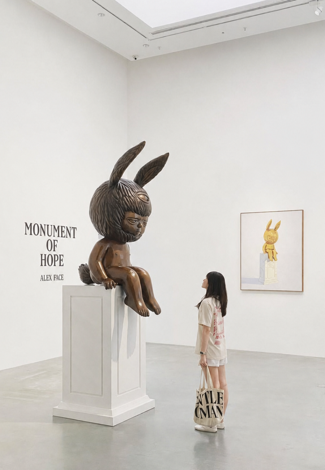 Gallery visitor wearing a Horsemen Ranch shirt beside a monumental sculpture